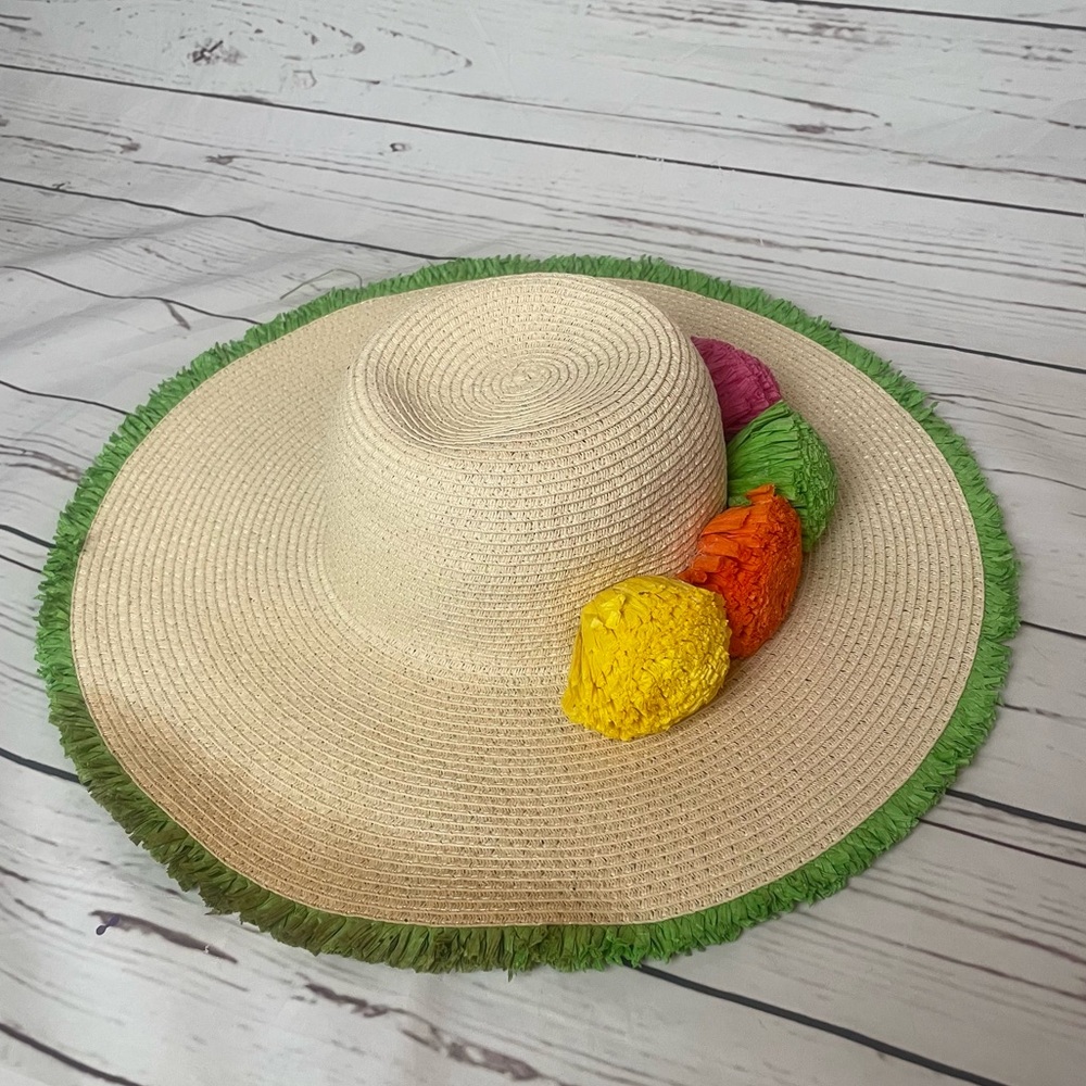 Magid Woven Paper Straw Wide Brim Sun Hat Green Fringe Multicolored Pompoms